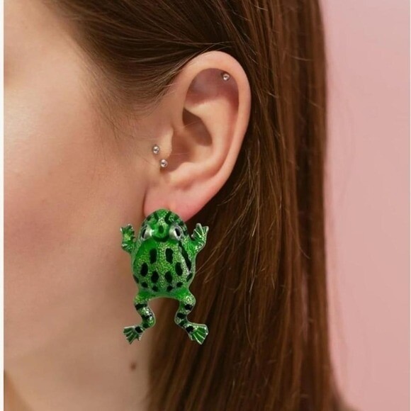 Green Frog Stud Earrings‎ Animal Lover Jewelry Gift Cute Unique Fun Enamel - Picture 3 of 4